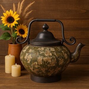 Primitive Metal Decorative Kettle-Hand-Soldered Tin, Faux Patina Farmhouse Décor